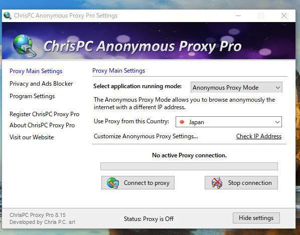 ChrisPC Anonymous Proxy Proの起動画面