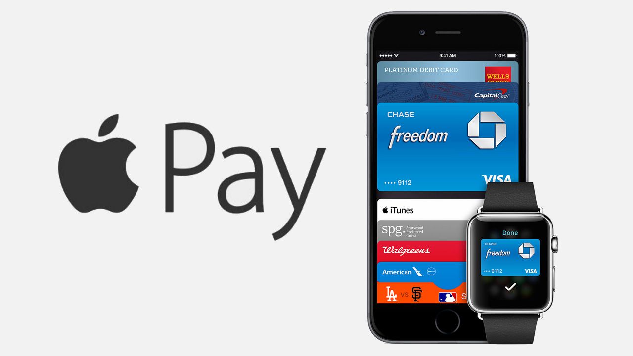 Apple PayのロゴとiPhone7とApple Watch