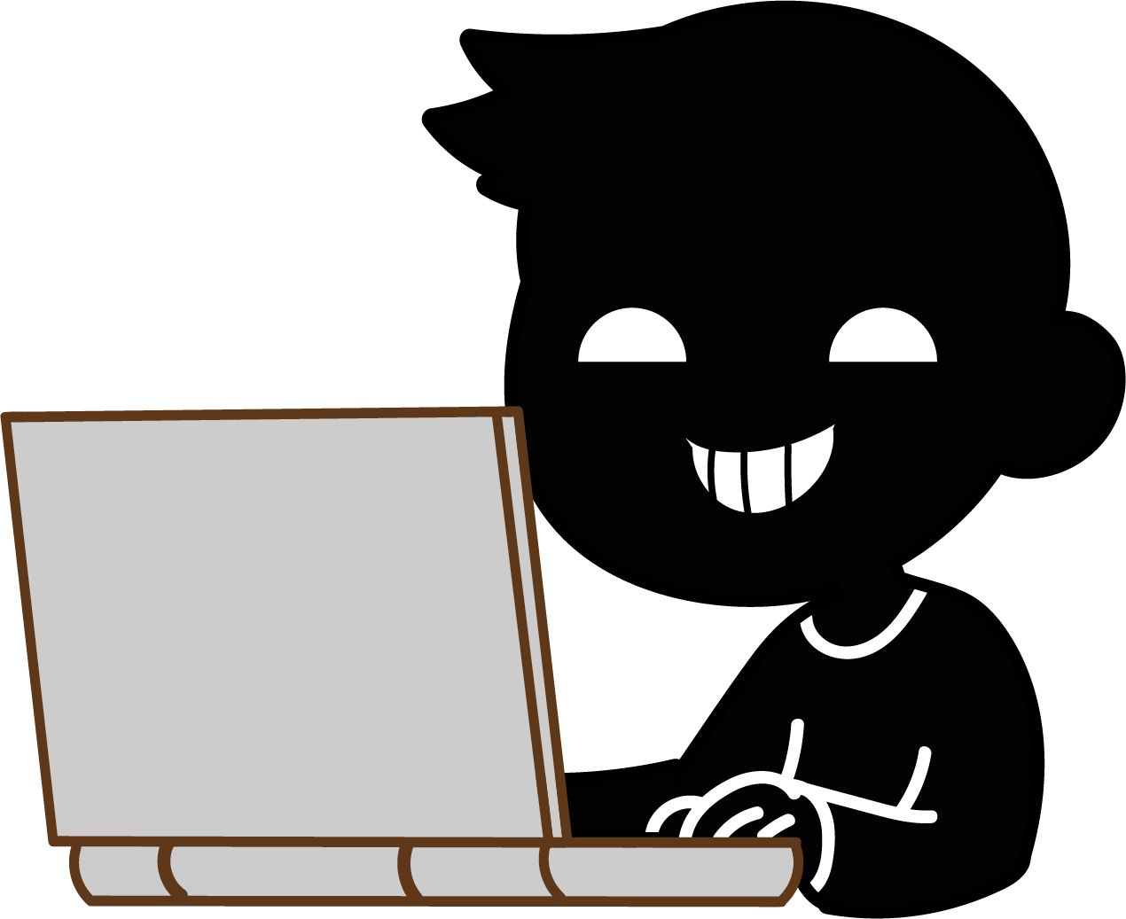 パソコンの前で悪い顔をする黒い男のイラスト