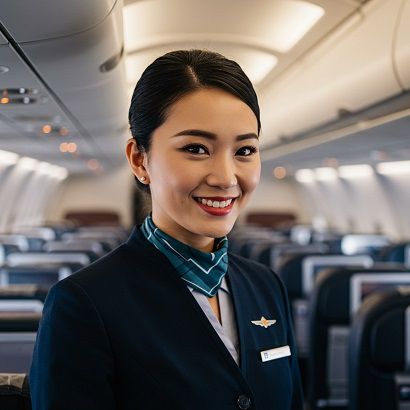 飛行機の中でニッコリ笑うCA