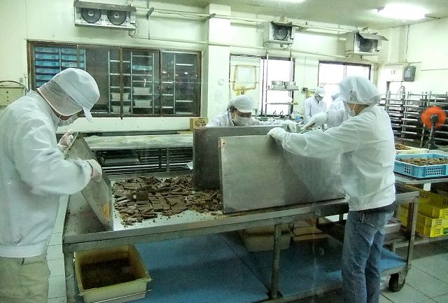 チョコレート工場で作業する労働者