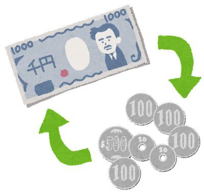 1,000円札と小銭の両替のイラスト