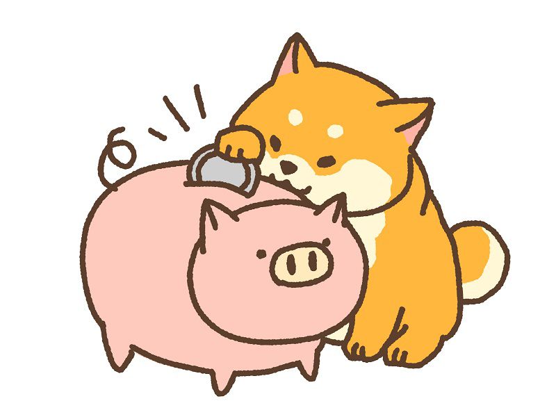 豚の貯金箱にお金を入れる犬のイラスト