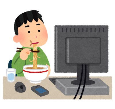 パソコン画面を無ながらラーメンを食べる男性のイラスト