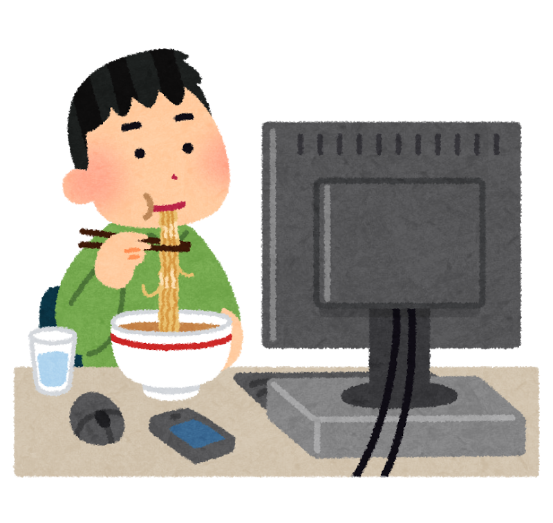 ラーメンを食べながらパソコン画面を見る男性のイラスト