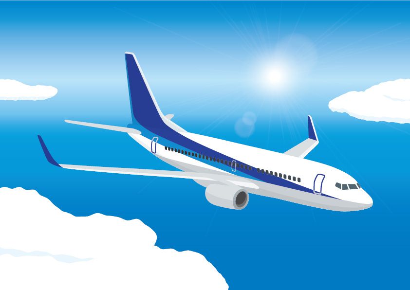 白い機体に青と水色のラインが入った空を飛んでいる飛行機のイラスト