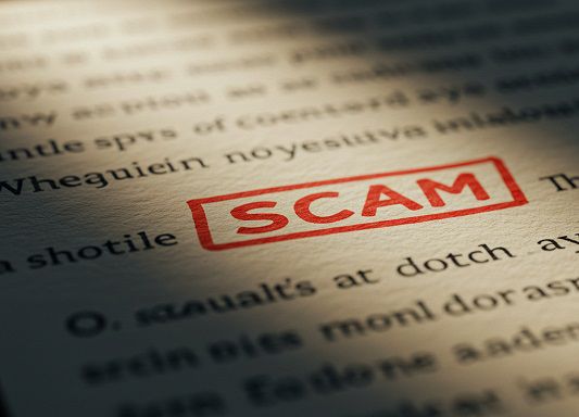 赤い文字でSCAMと書かれた書類
