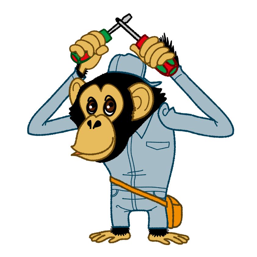 ドライバーを手に持つ、作業服を着た猿のイラスト