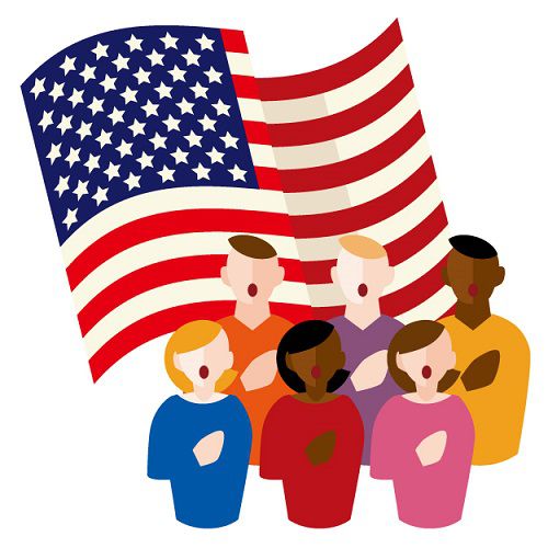 アメリカの国旗とさまざまな人種のイラスト