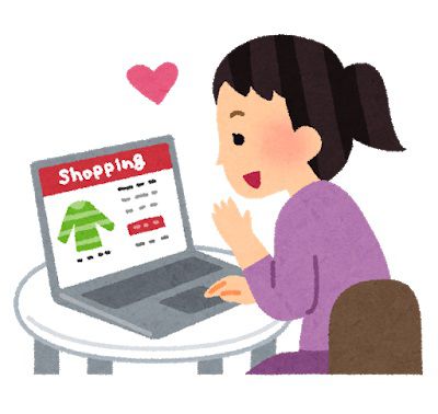 パソコンで通販を見る女性のイラスト