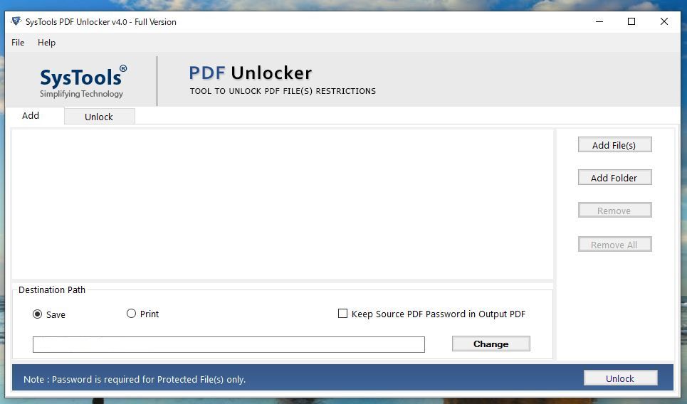 SysTools PDF Unlockerの起動画面