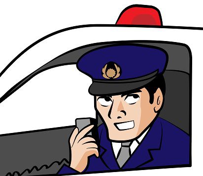 パトカーの中で無線で話す警察官