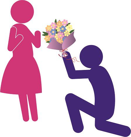 女性に花束を捧げる男性のイラスト