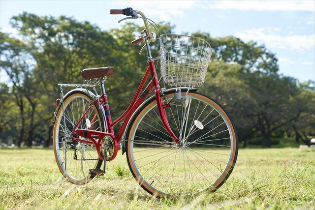 草原に置かれた赤い自転車