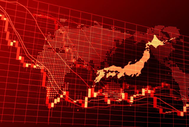 赤い株価チャートと日本地図