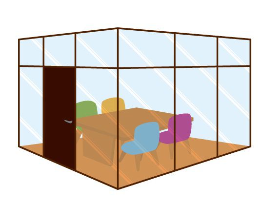 ガラス張りで箱型の会議室
