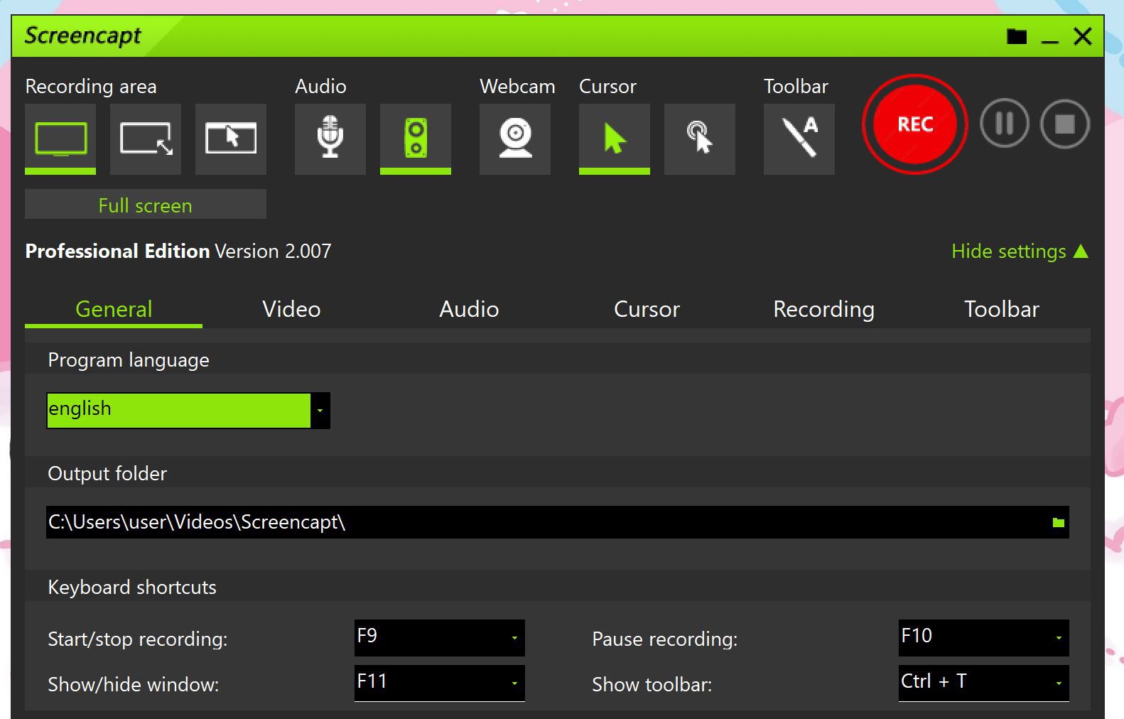 Screencapt Professionalの起動画面