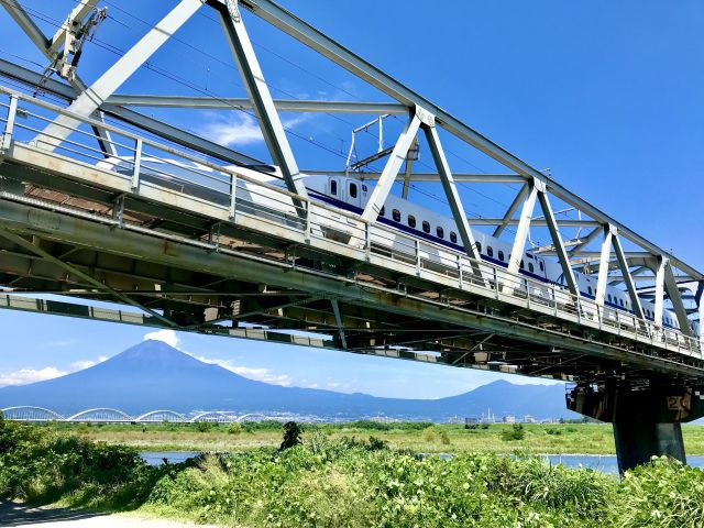 青空の中で橋の上を走る新幹線