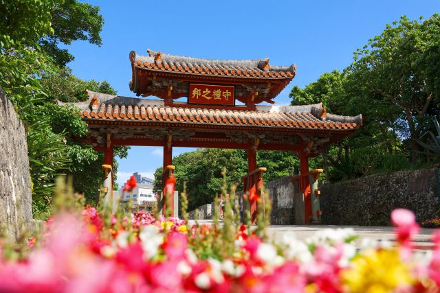 沖縄の守礼門と赤い花