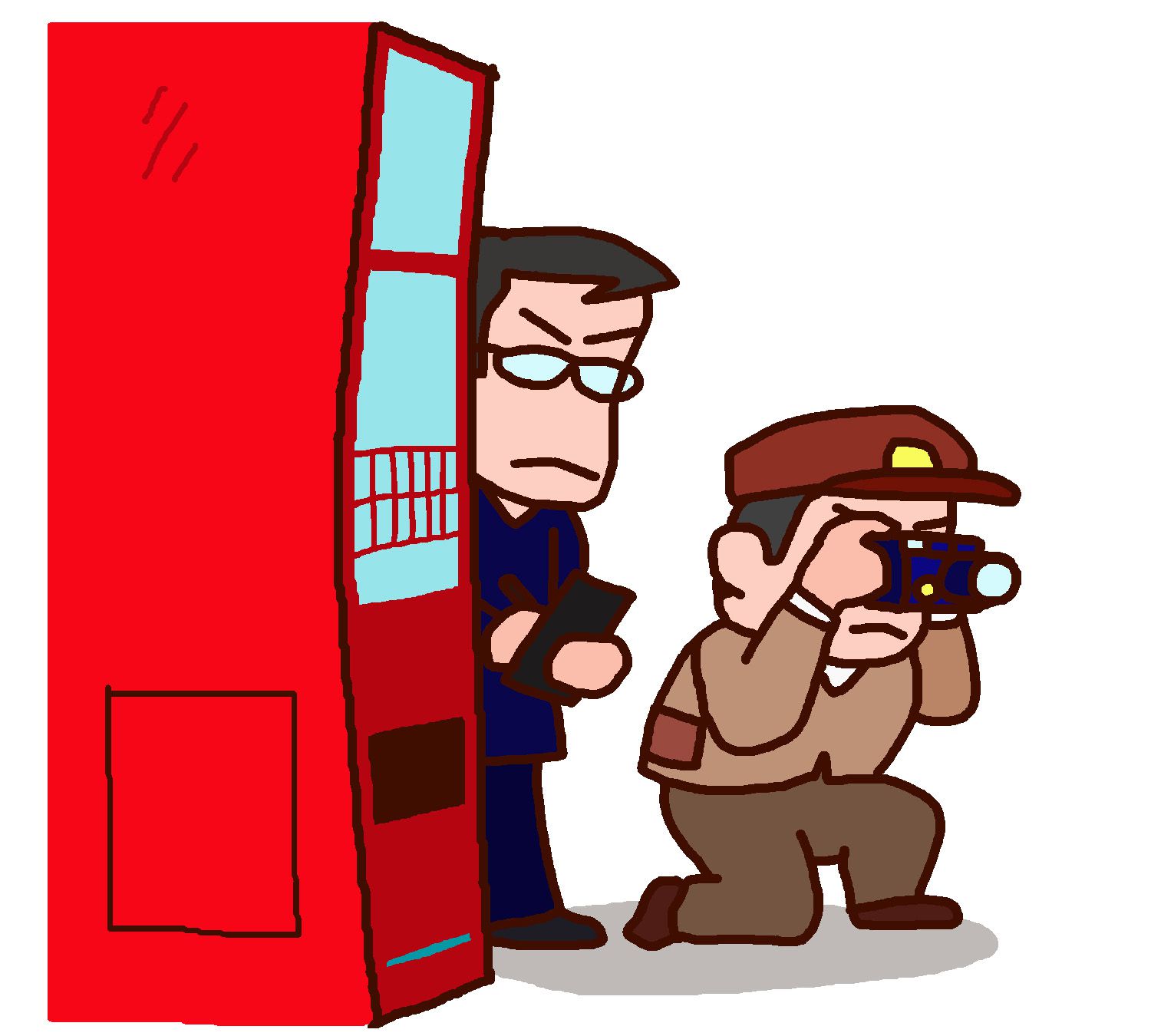 自販機の横で隠れて写真を取る探偵2人