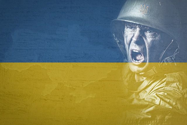 ウクライナ国旗に助けて見える戦士