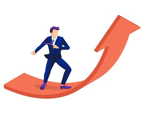 右上がりの矢印に乗るサラリーマン