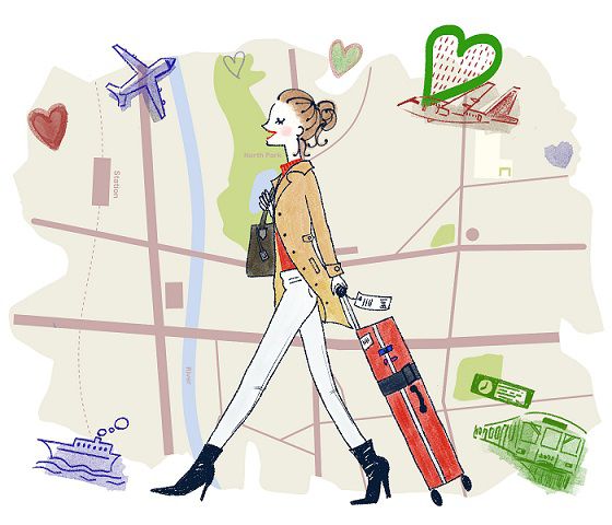 キャリーバックを持って旅行する女性のイラスト